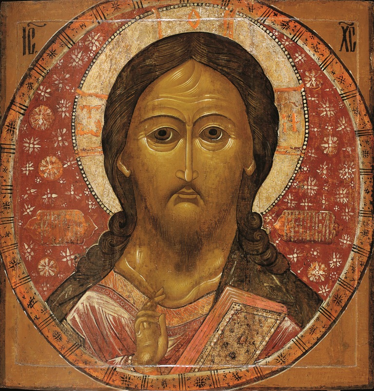 Cristo Pantocratore Seconda metà del XVII secolo 105,5 × 100,5 cm Legno, tempera Regione della Volga Museo dell’icona russa Opera ripulita prima dell’acquisizione da parte del museo, poi nuovamente da V. M. Mamot nel 2008